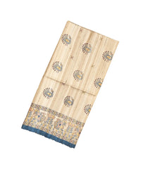 Taupe Handloom Tussar Silk Saree With Printed Madhubani Motifs-TU2623