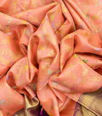 Peach Handloom Kanchipuram Silk Saree With Meena Floral Motifs-KA12526