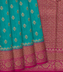 Cyan Handloom Tussar Silk Saree With Floral Motifs-Cyan