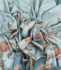 Steel Blue Woven Art Tussar Silk Saree With Printed Kalamkari Motifs-BL3881