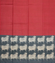 Red Printed Synthetic Tussar Silk Saree With Zari Checks & Contrast Pallu-SY0371