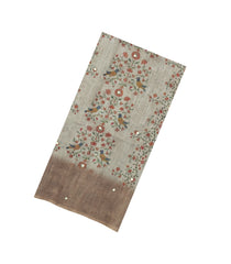 Taupe Printed Synthetic Linen Saree Mirror Work-SY0011