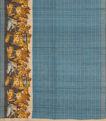 Steel Blue Woven Tussar Silk Saree With Stripes & Printed Pichwai Motifs-TU3169