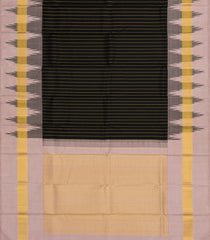 Black Handloom Kanchipuram Silk Saree With Stripes & Contrast Border-KA13670
