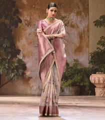 Dusty Pink Woven Blended Organza Saree With Printed Floral Motifs & Zircon Work-BL4537