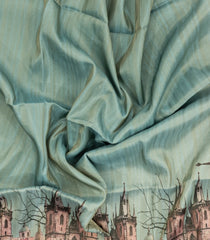 Aquamarine Printed Synthetic Tussar Saree With Zari Stripes-BL5377