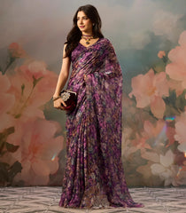 Burgundy Woven  Two Tone Printed Saree With Heavy Embroidery Zircon Work-BL4084