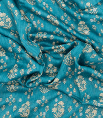 Cyan Printed Tussar Silk Saree With Floral Motifs-TU3609