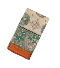 Taupe Woven Kalamkari Printed Cotton Saree With Annam Motifs