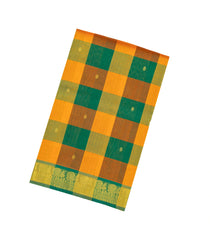 Mango Yellow & Green Handloom 9 Yards Silk Cotton Saree With Checks & Buttas-SC3779