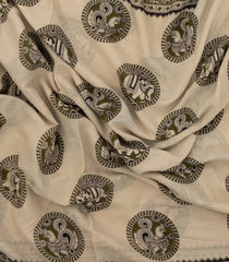 Taupe Woven Kalamkari Cotton Saree With Green Printed Motifs-KAL1159