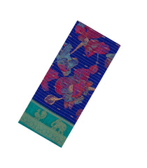 Blue Printed Synthetics Dola with Zari Stripes & Contrast Border-BL5148