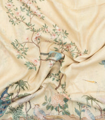 Cream Printed Linen Saree With Peacock Motifs-LI0752