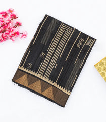 Black Handloom Tussar Silk Saree Printed With Stripe Motifs & Zari Border