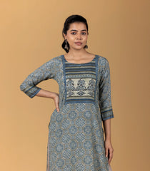 Teal Blue Printed Kurta-KR0863