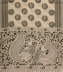 Taupe Woven Kalamkari Cotton Saree With Green Printed Motifs-KAL1159