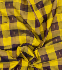 Yellow & Brown Handloom Silk Cotton Saree With Checks & Zari Buttas-SC4610