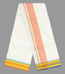 Cream 9 x 5 Cotton Dhoti With Yellow And Blue Zari Thread Border-CD1505