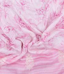 Pink Handloom Linen Saree With Printed & Embroidered Floral Motifs-LI0776
