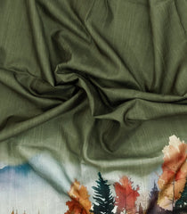 Dark Olive Printed Synthetic Tussar Saree With Zari Stripe border-BL5374