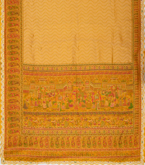 Mustard Handloom Silk Saree With Meena Motifs & Hand Embroidered Selvage-EN1698