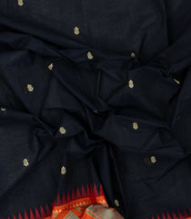 Black Handloom Korvai Kanchi Cotton Saree With Contrast Temple Border-KC1587