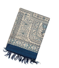 Taupe Handwoven Tussar Silk Saree With Blue Printed Wedding Motifs