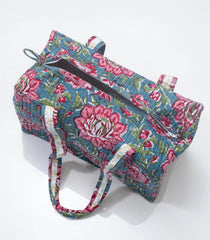 Cyan Handmade Duffle Bag With Printed Motifs With Zipper (9"H X 14"W X 7"D)-ACS1049