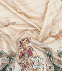 Cream Printed Synthetic Dupion Saree With Zari Stripes-SY0237