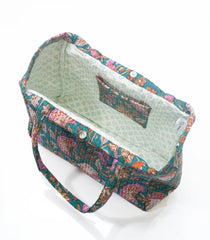 Cyan Handmade Tote Bag With Printed Motifs With Button (14"H X 17"W X 8"D)-ACS1053