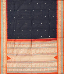 Black Handloom Kanchi Cotton Saree With Checks & Orange Silk Border-KC1523