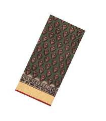 Olive Green Printed Jaipur Cotton Saree With Floral Motifs-JC1541