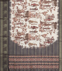 Cream Printed Synthetic Dupion Saree With Zari Stripes & Grey Border-SY0227