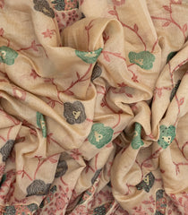 Beige Woven Blended Cotton Saree With Printed Bird Motifs-BL3867
