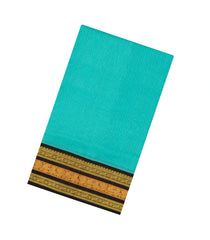 Turquoise Handloom Korvai Silk Cotton Saree With Checks & Contrast Border-SC4514