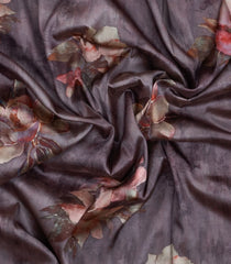 Dark Brown Printed Synthetic Tussar With Contrast Zari Border-SY0281