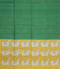Green Printed Synthetic Tussar Silk Saree With Zari Checks & Contrast Pallu-SY0375