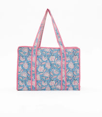 Light Blue Bagru Printed Handmade Cotton Quilted Tote Bag With Zipper-ACS1040