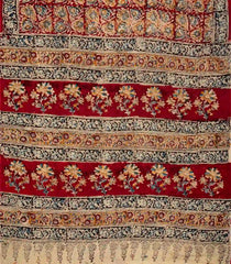 Crimson Woven Kalamkari Cotton Saree With Printed Floral Vine Motifs