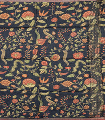 Dark Grey Printed Tussar Silk Saree With Stripes & Printed Pallu-TU3651