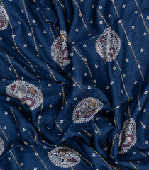 Navy Blue Printed Synthetic Dola Silk Saree With Zari Stripes & Border Motifs-SY0341