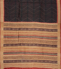 Black Handloom Tussar Silk Saree With Printed Chevron Motifs-TU2673