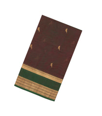 Dark Brown Handloom Silk Cotton Saree With Parrot Buttas-SC3893