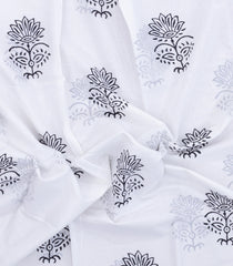 White Printed Jaipur Cotton Saree With Floral Motifs-JC1499