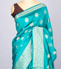 Turquoise Woven Art Tussar Silk Saree With Floral Motifs-BL4626