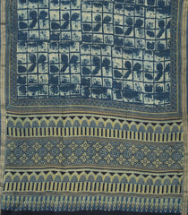 Indigo Handloom Chanderi Cotton Saree With Printed Check Motifs-CC1223
