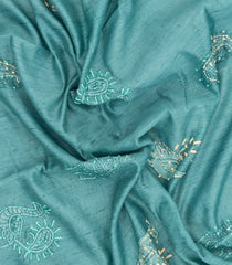 Turquoise Printed Art Dupion Saree With Floral Motifs-BL6130