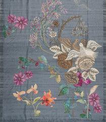 Grey Printed Art Dupion Saree With Bird Motifs-BL6140