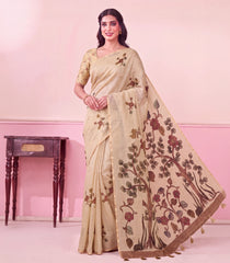 Beige Printed Synthetic Linen Saree With Floral Motifs-SY0611