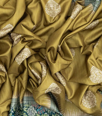 Olive Green Woven Art Tussar Saree With Stipes & Printed Floral Motifs-BL3992